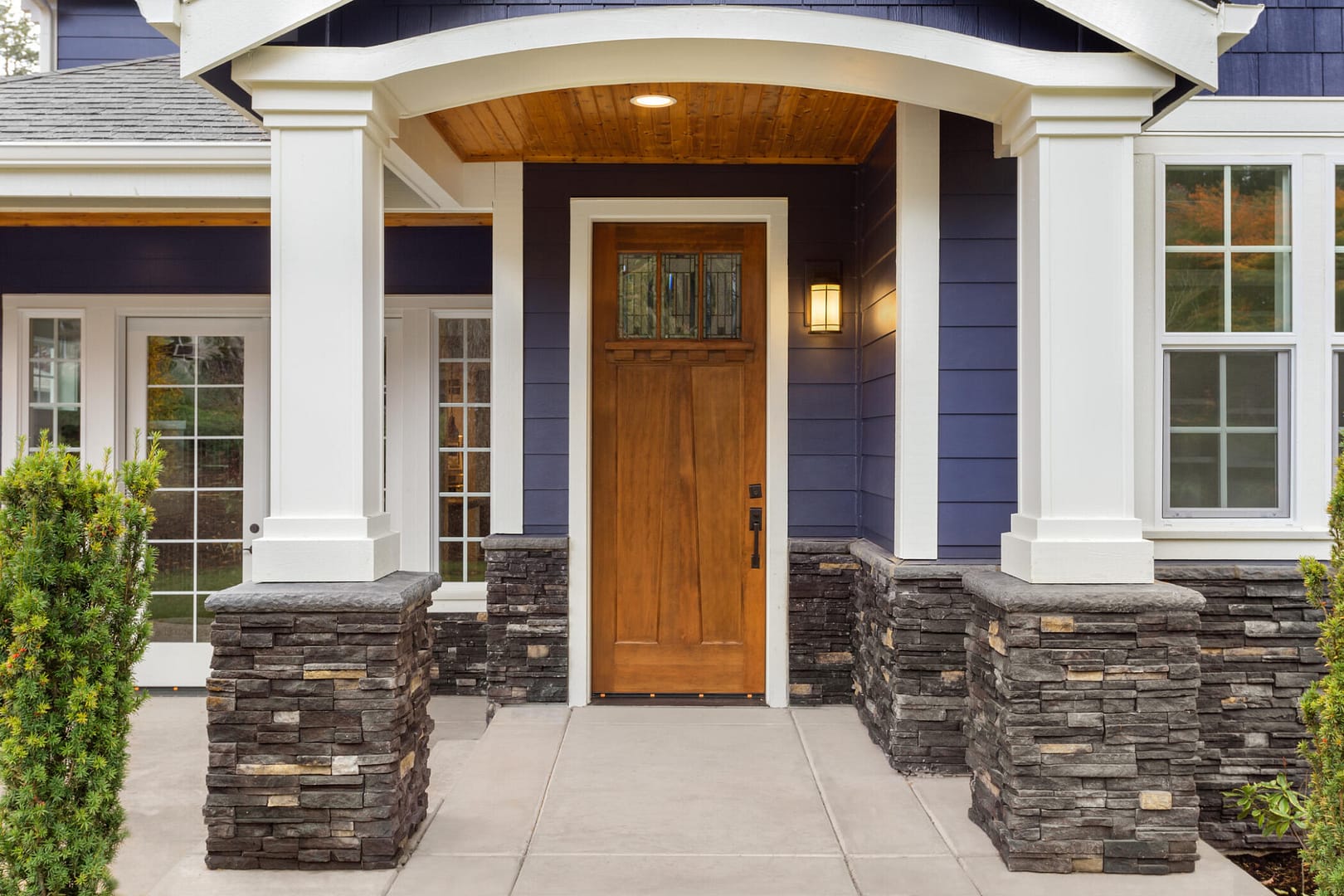door installation prospect ky-door installation louisville ky-dark blue sided house with brown wooden front door