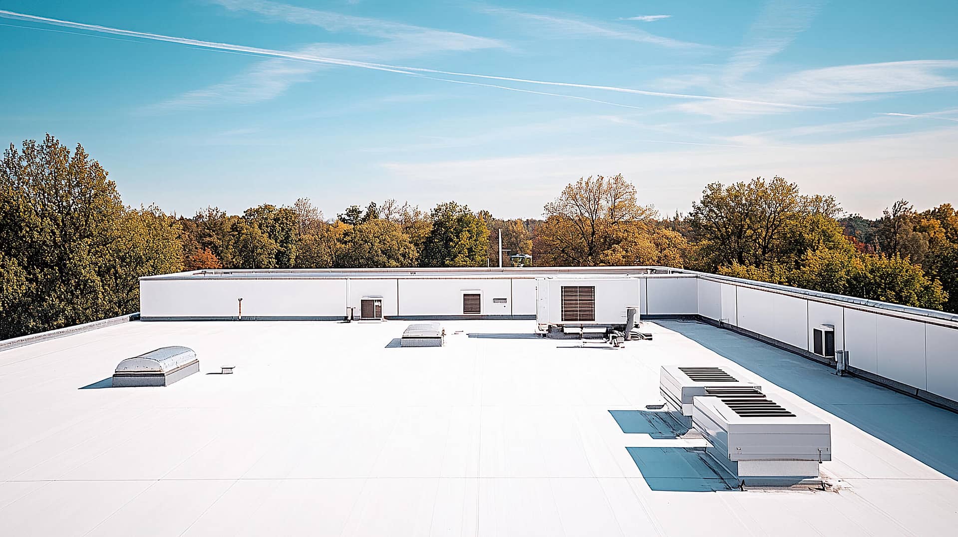 tpo roofing cost-new tpo roofing on a commercial roof with trees in the background