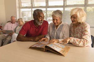 Group of senior people looking at photo album at nursing home transition to memory care group