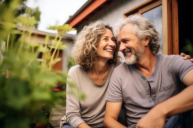 older couple smiling and hugging outside of home by garden