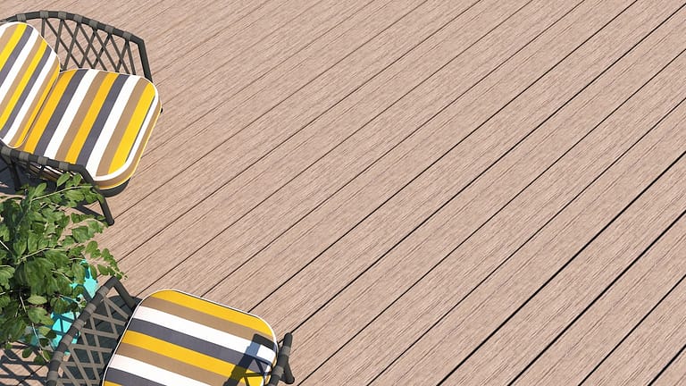 A partial view of a patio with light-colored composite decking
