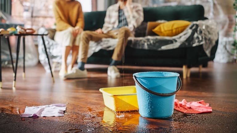 Roof leaking into living room with bucket catching water