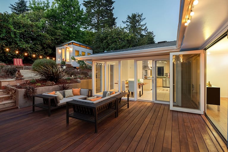 Modern outdoor patio with wooden decking