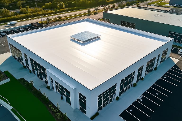 White tpo roof of modern commercial building with skylight at sunset
