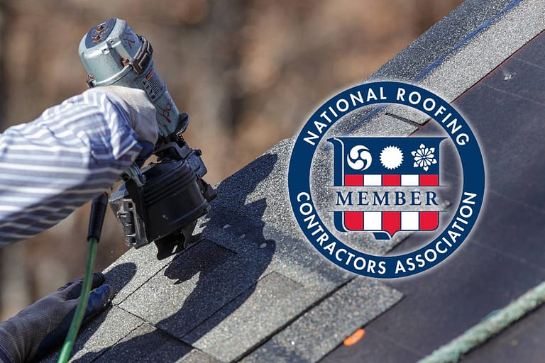 close up of drill installing asphalt shingles with NRCA logo