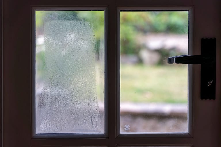 closeup of window condensation buildup
