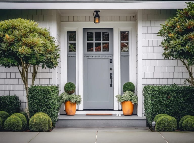 house gray entry door with plants on side