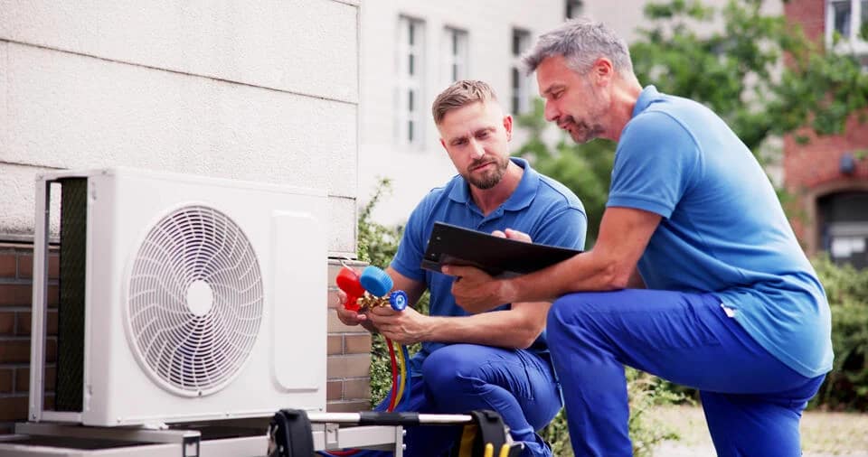 heat-pump-replacement-two-techs-inspecting-a-new-heat-pump-installed-next-to-a-home