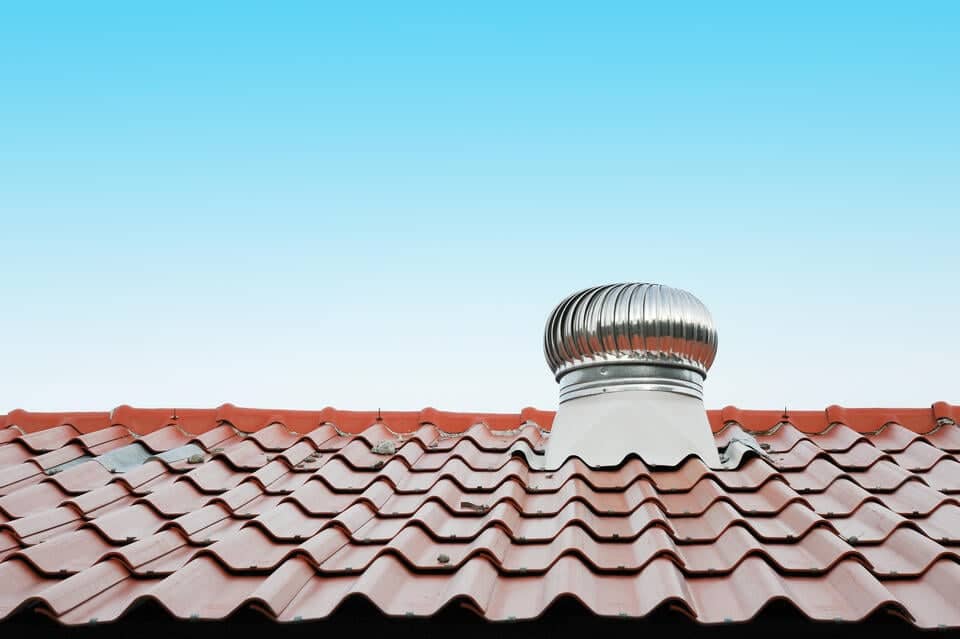roof ventilation-red metal shingle roof with turbine vent