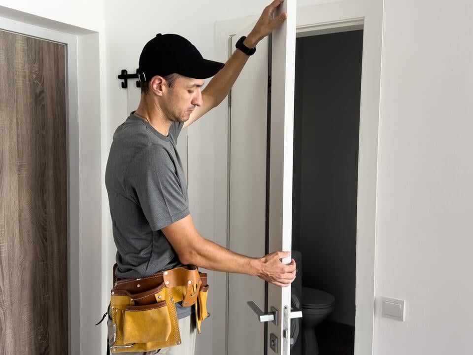 how to install a prehung door-man wearing a toolbelt installing an interior door