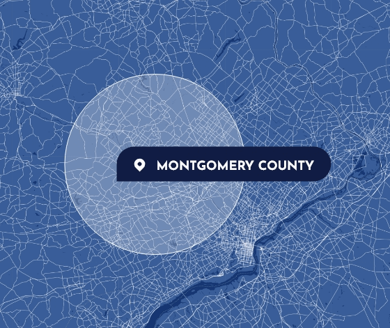 A blue map highlighting Montgomery County with a circular area marked. A label with a location pin reads "Montgomery County." Roads and boundaries are outlined in white across the map.