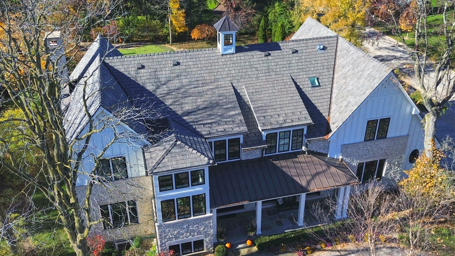 Front, aerial view of Brava Composite roof